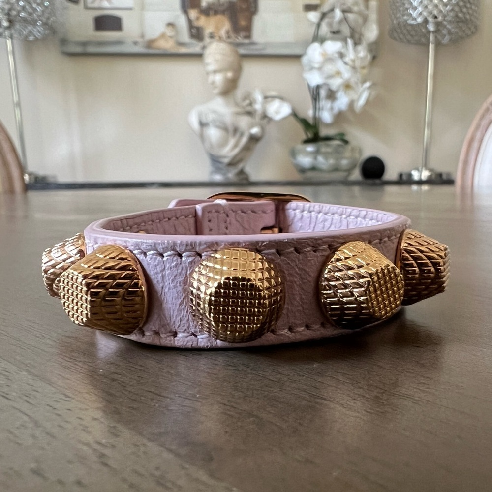 Balenciaga Pink Leather Bracelet with Ridged Gold Studs